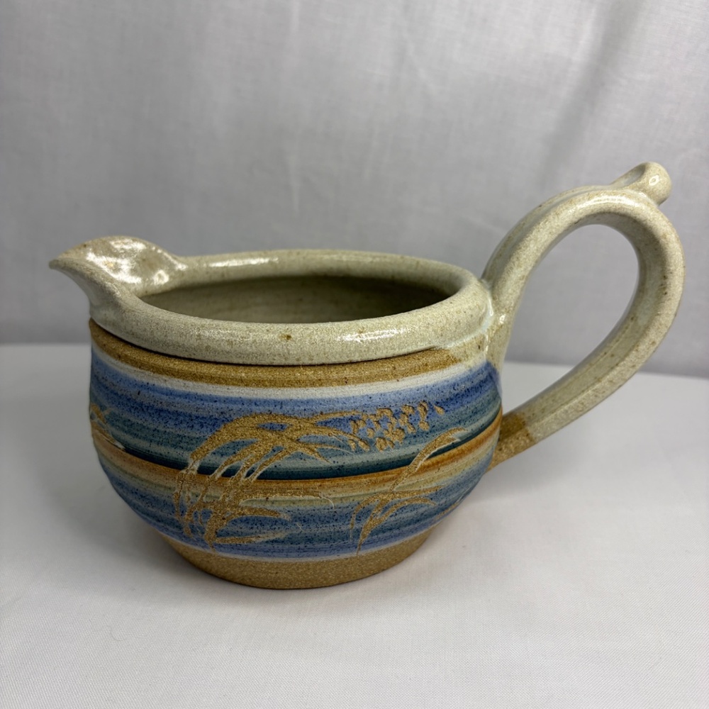 Studio Pottery Gravy Boat Pitcher Creamer Vase Etched Stoneware Vintage Signed - Picture 3 of 12